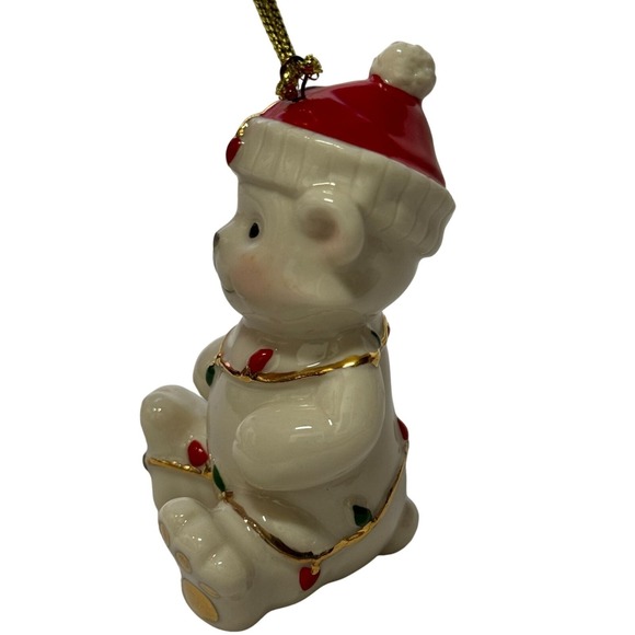 Lenox Tangled in Christmas lights Teddy Bear Red Hat Porcelain Ornament 3.5"H - Picture 2 of 12